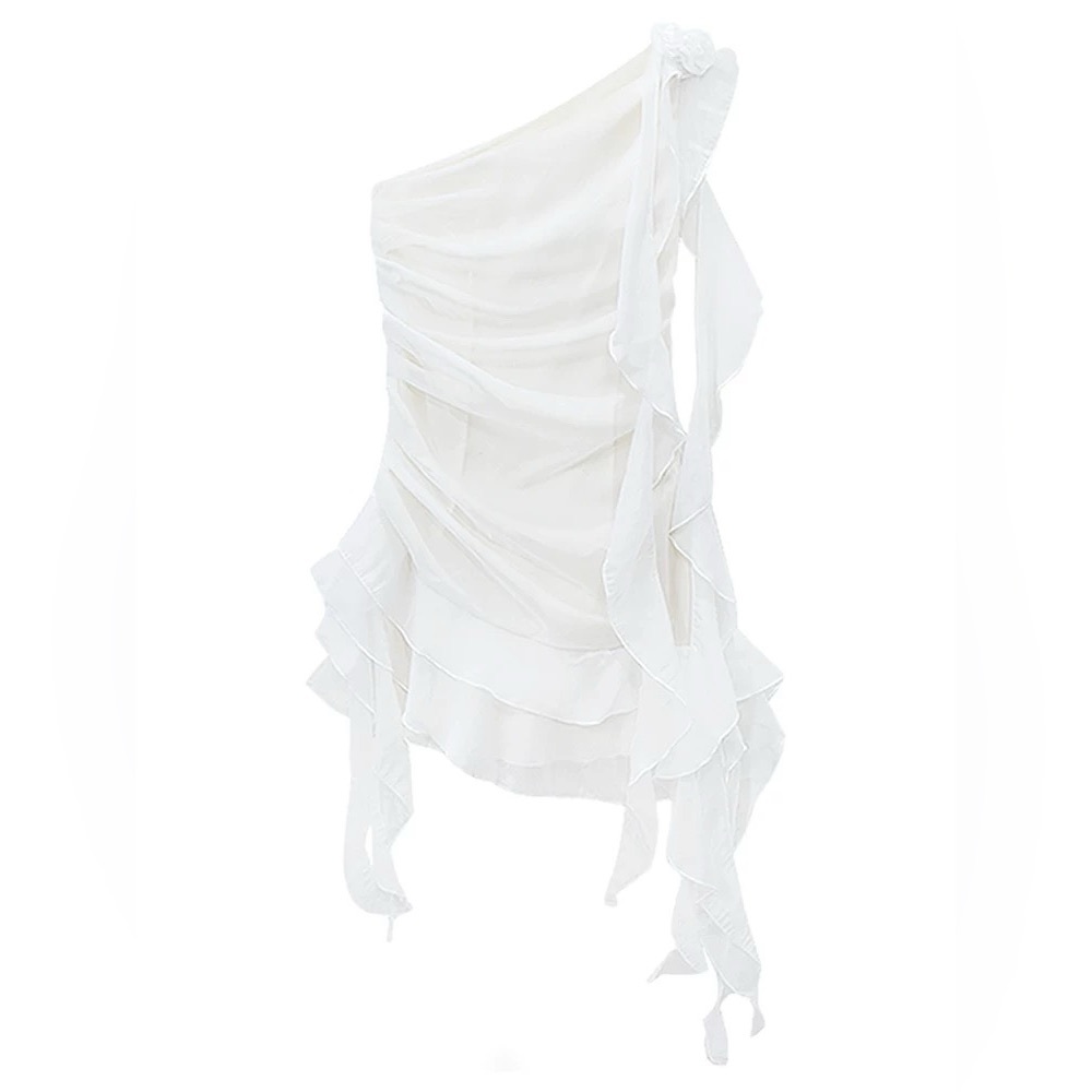 Single shoulder rose attached ruffle mini dress